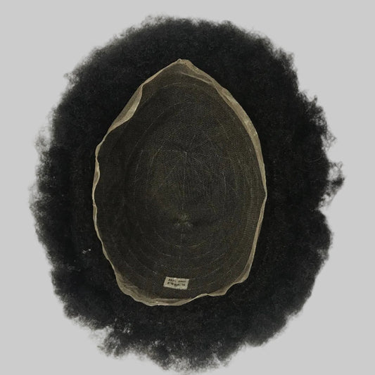 Afro French Lace Toupee 8x10, #1B Black Curly Human Hair, Durable French Lace Men Hair System