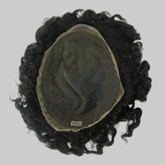 Afro French Lace Toupee 8x10, #1B Black 12mm Afro Curly Human Hair, Durable French Lace Men Hair System