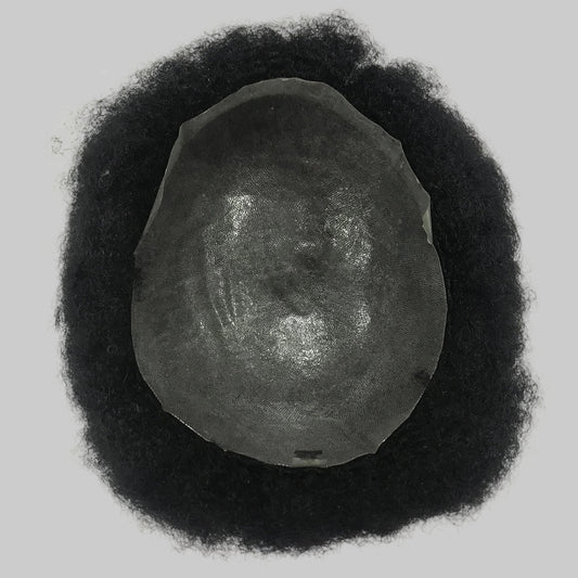 Afro Skin Toupee 8x10, #1 Black 6mm Afro Curly Human Hair, Full PU Skin Men Hair System