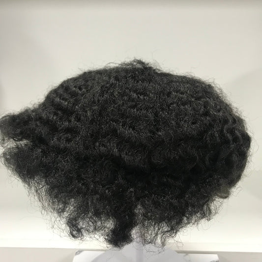 Afro Skin Toupee 8x10, #1B Black 10mm Afro Curly Human Hair, Full PU Skin Men Hair System