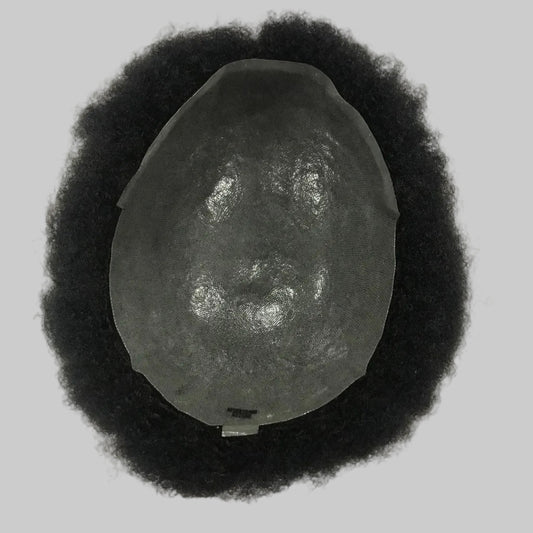 Afro Skin Toupee 8x10, #1B Black 4mm Afro Curly Human Hair, Full PU Skin Men Hair System