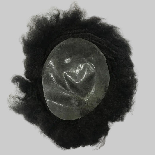 Afro Skin Toupee 8x10, #1B Black 8mm Afro Curly Human Hair, Full PU Skin Men Hair System