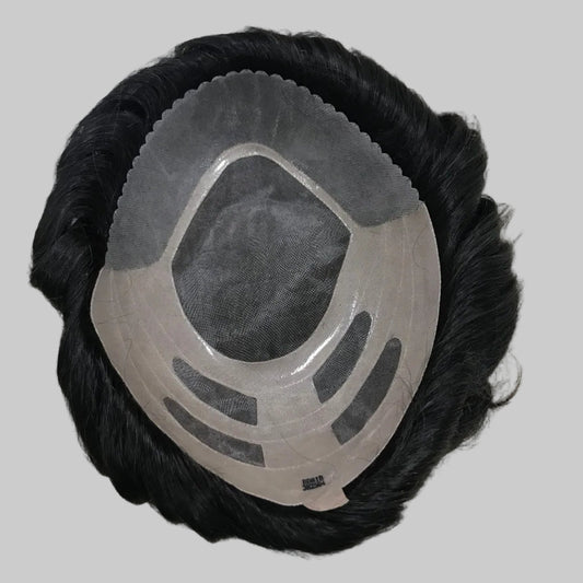 Bond Toupee 8x10, #1B Black Human Hair, Mono Center PU Coating Durable Men Hair System