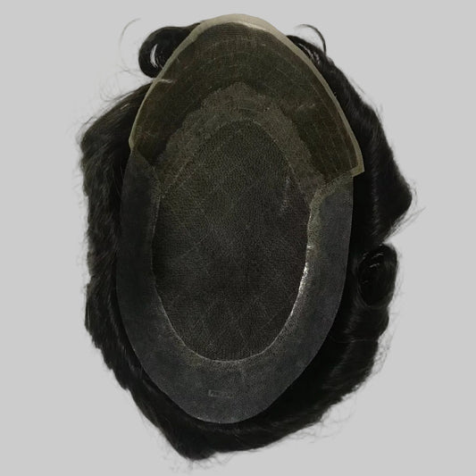 OCT Lace Toupee 7x10, #1B Black 6" Curly Human Hair, Ultra Breathable Large Hole Lace Men Hair System
