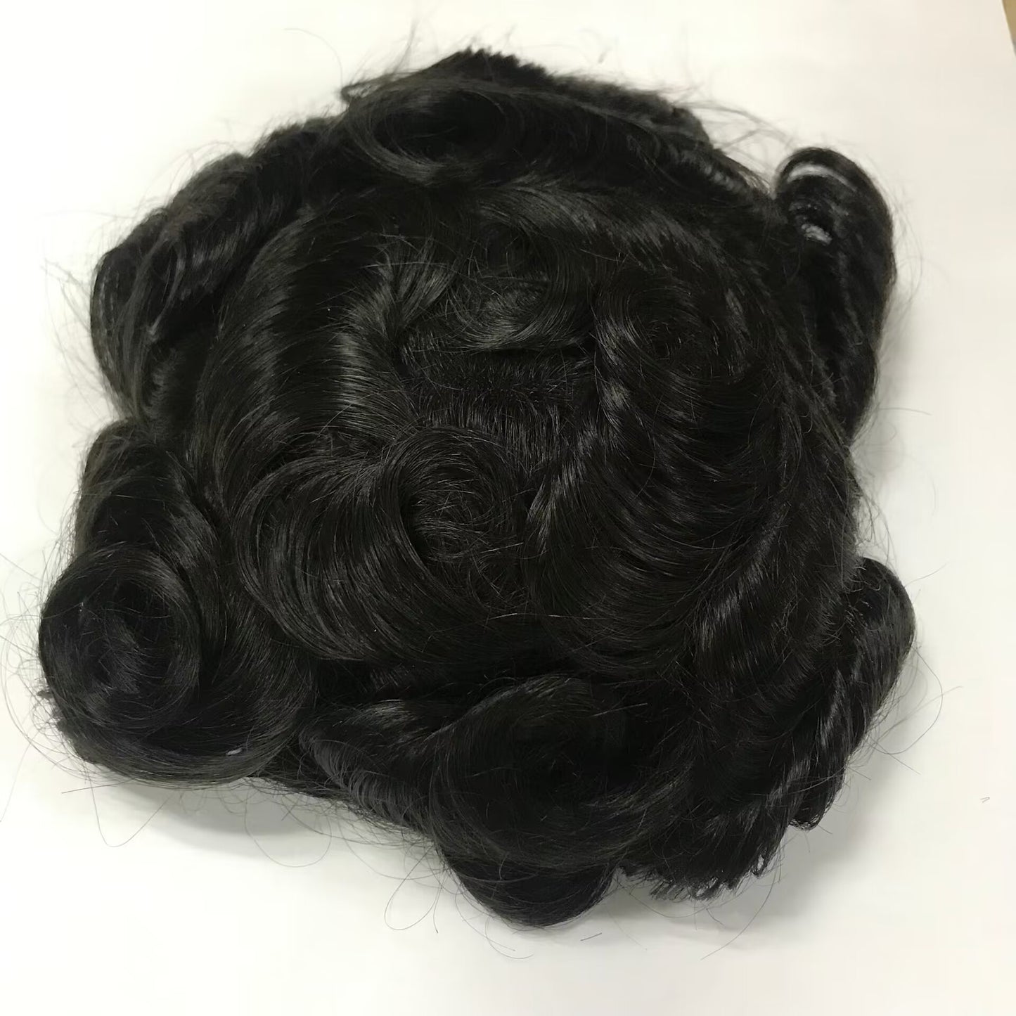 OCT Lace Toupee 7x10, #1B Black 6" Curly Human Hair, Ultra Breathable Large Hole Lace Men Hair System
