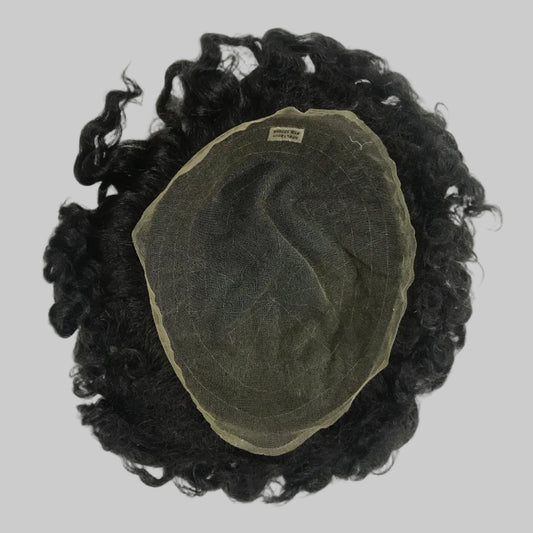 Afro French Lace Toupee 8x10, #1B Black 12mm Afro Curly Human Hair, Durable French Lace Men Hair System