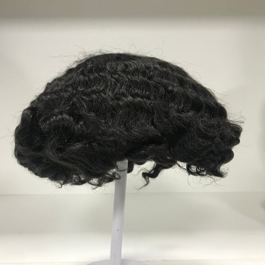 Afro French Lace Toupee 8x10, #1B Black 12mm Afro Curly Human Hair, Durable French Lace Men Hair System