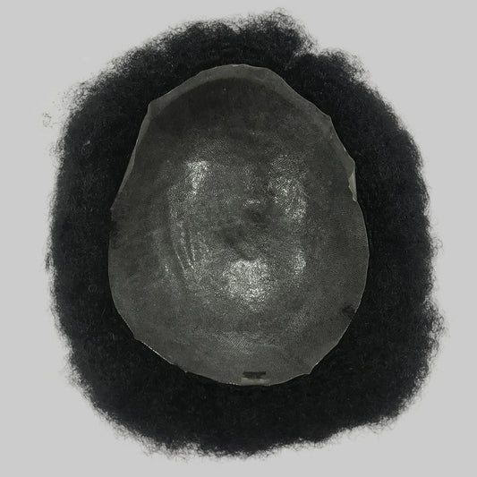 Afro Skin Toupee 8x10, #1 Black 6mm Afro Curly Human Hair, Full PU Skin Men Hair System