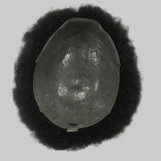 Afro Skin Toupee 8x10, #1B Black 4mm Afro Curly Human Hair, Full PU Skin Men Hair System