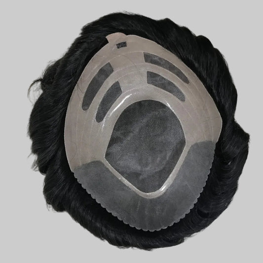 Bond Toupee 8x10, #1B Black Human Hair, Mono Center PU Coating Durable Men Hair System