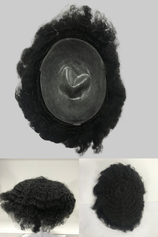Afro Skin Toupee 8x10, #1B Black 10mm Afro Curly Human Hair, Full PU Skin Men Hair System