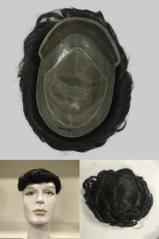 Mono Lace Toupee 6x8, #1B Black Human Hair, Fine Mono Mesh Breathable Men Hair System