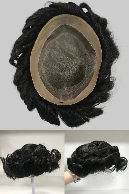 Dura Mono Toupee 8x10, #1B Black Human Hair, Durable Fine Mono Base Men Hair System