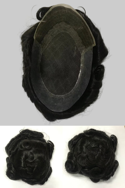 OCT Lace Toupee 7x10, #1B Black 6" Curly Human Hair, Ultra Breathable Large Hole Lace Men Hair System