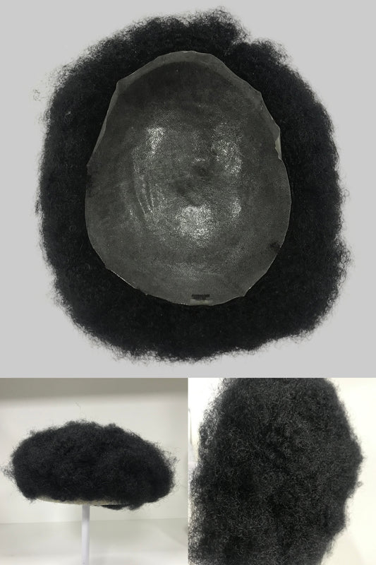 Afro Skin Toupee 8x10, #1 Black 6mm Afro Curly Human Hair, Full PU Skin Men Hair System