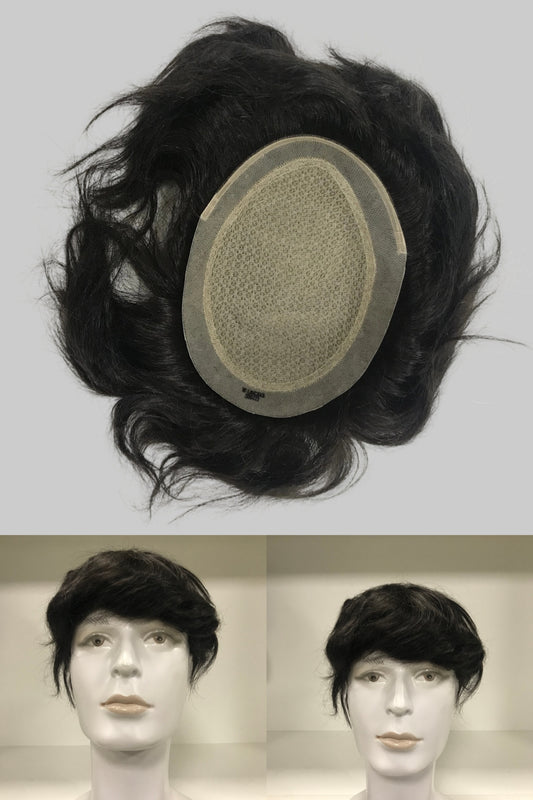 M Lace Toupee 6x8, #1B Black Human Hair, Breathable Lace Base Men Hair System