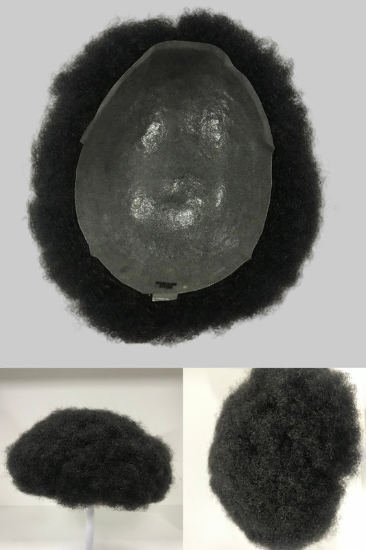 Afro Skin Toupee 8x10, #1B Black 4mm Afro Curly Human Hair, Full PU Skin Men Hair System
