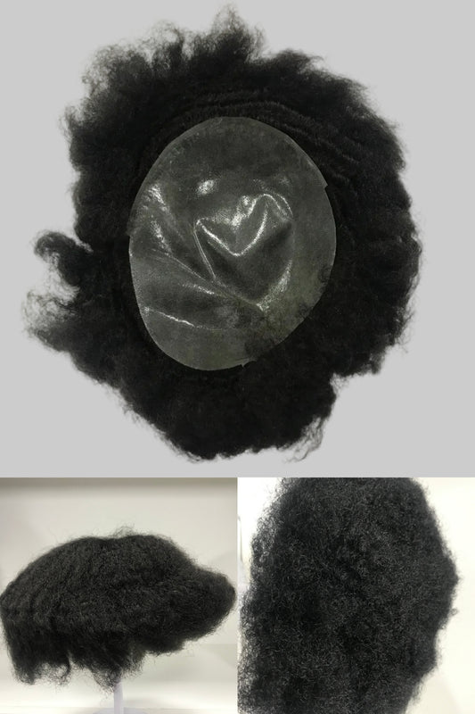 Afro Skin Toupee 8x10, #1B Black 8mm Afro Curly Human Hair, Full PU Skin Men Hair System