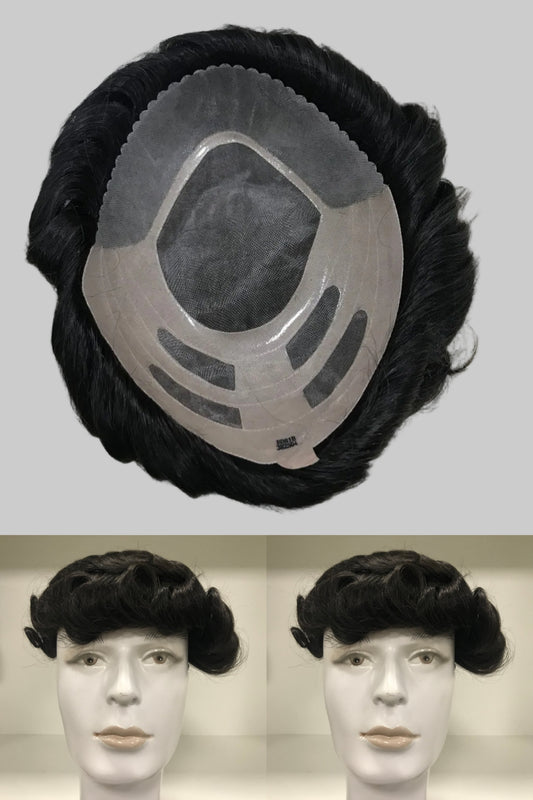 Bond Toupee 8x10, #1B Black Human Hair, Mono Center PU Coating Durable Men Hair System