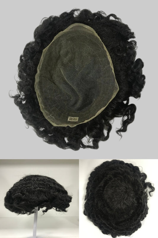Afro French Lace Toupee 8x10, #1B Black 12mm Afro Curly Human Hair, Durable French Lace Men Hair System