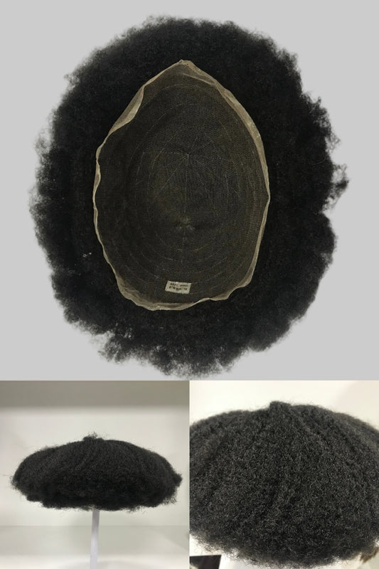 Afro French Lace Toupee 8x10, #1B Black Curly Human Hair, Durable French Lace Men Hair System