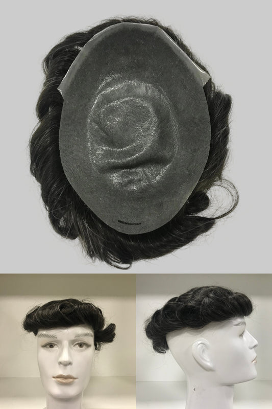 CMG-3 Toupee 8x10, #1B Black with 10% Gray Human Hair, PU Skin Men Hair System