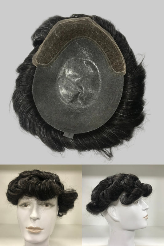 OminiLace Toupee 8x10, #1B Off-Black Human Hair, Full Lace Invisible Natural Hairline Men Hair System