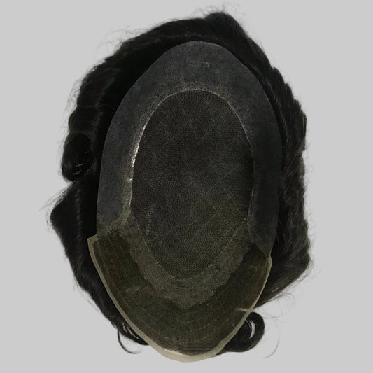 OCT Lace Toupee 7x10, #1B Black 6" Curly Human Hair, Ultra Breathable Large Hole Lace Men Hair System