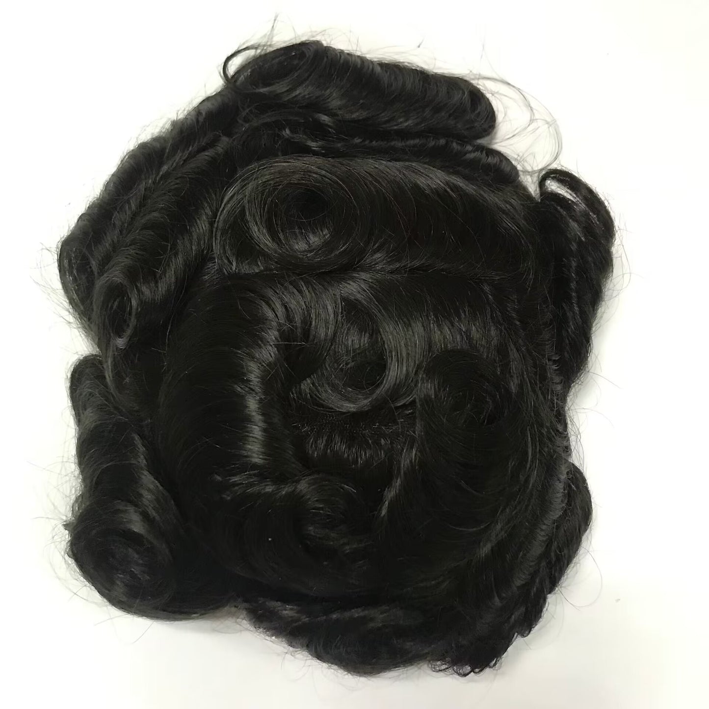 OCT Lace Toupee 7x10, #1B Black 6" Curly Human Hair, Ultra Breathable Large Hole Lace Men Hair System