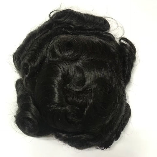OCT Lace Toupee 7x10, #1B Black 6" Curly Human Hair, Ultra Breathable Large Hole Lace Men Hair System